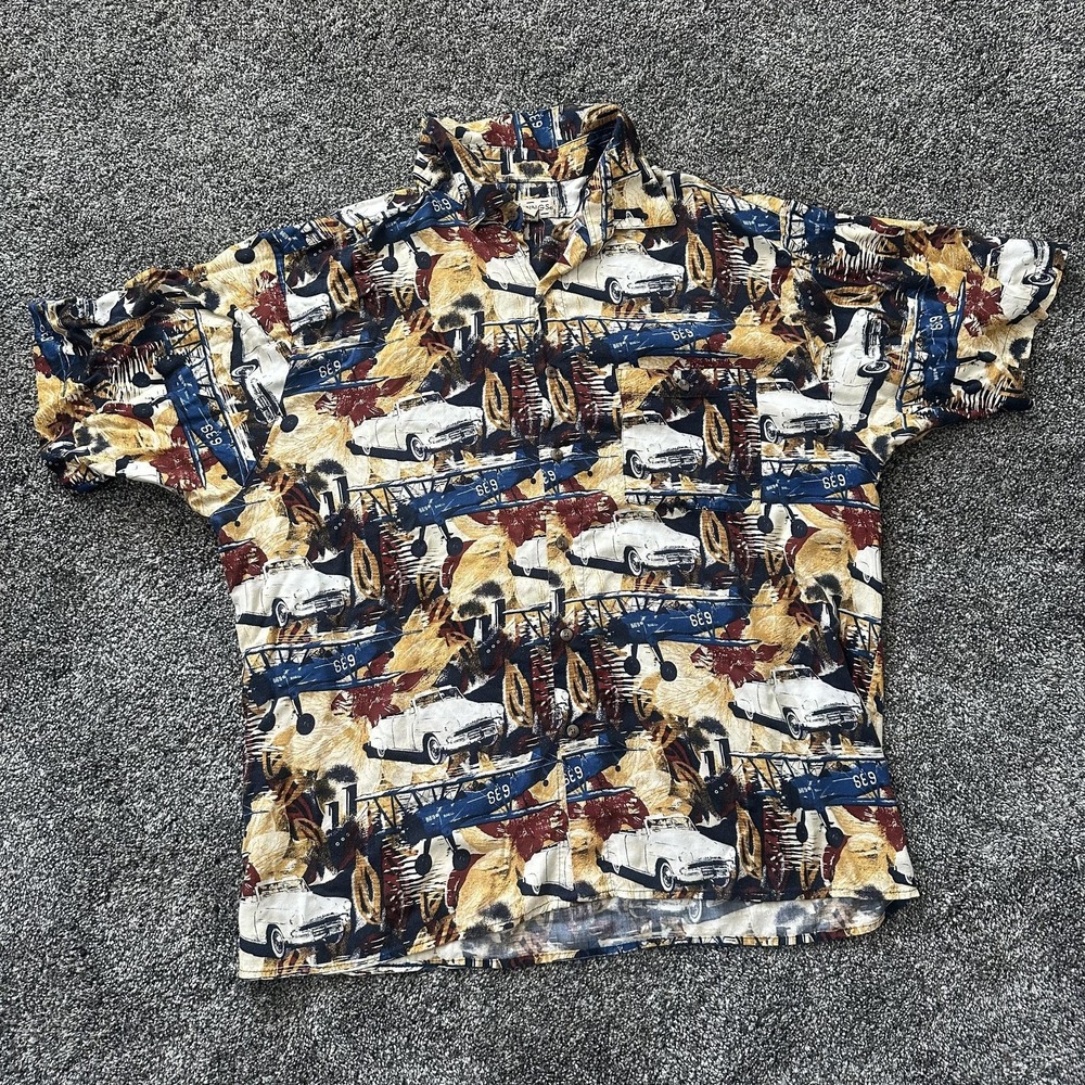 Vintage Crossings Shirt Mens 1X Car Plane Print Rayon Button Up Casual 90s Korea